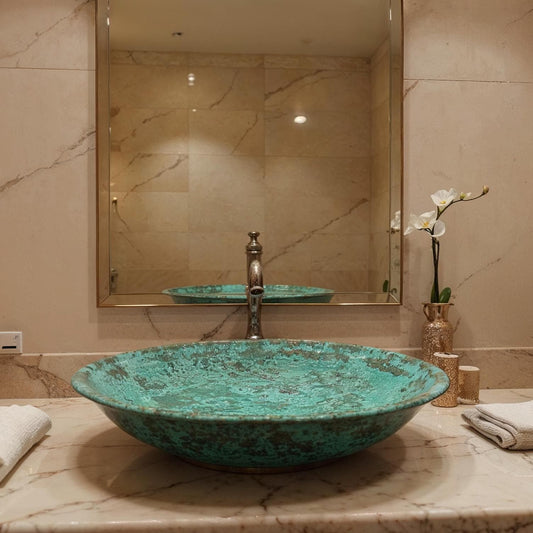 Handmade Green Patina Brass Vessel Sink – Rustic Moroccan Bathroom Basin, Round Vanity Bowl