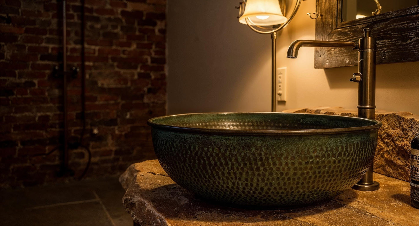 Hand Hammered Copper Sink: Green Patina Moroccan Vessel Basin