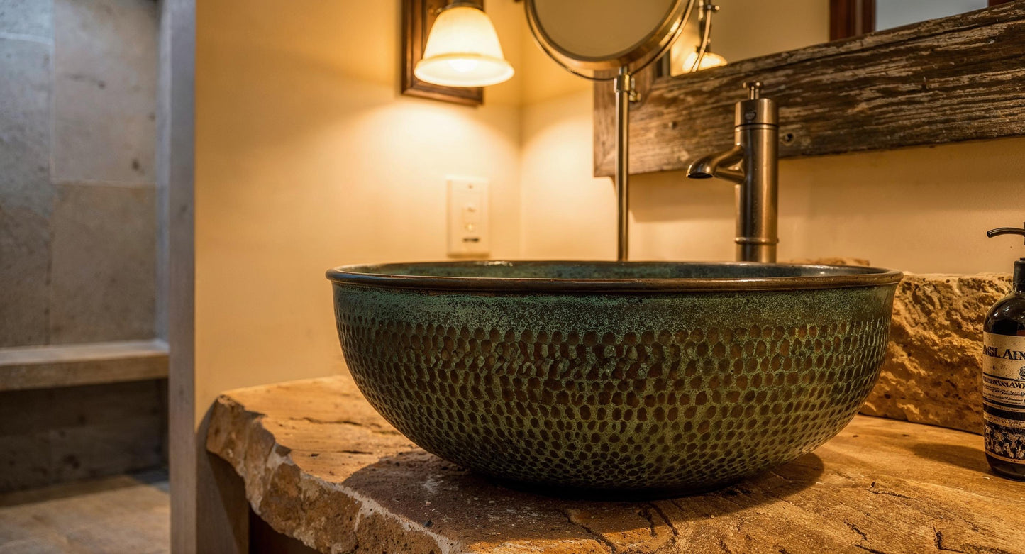 Hand Hammered Copper Sink: Green Patina Moroccan Vessel Basin