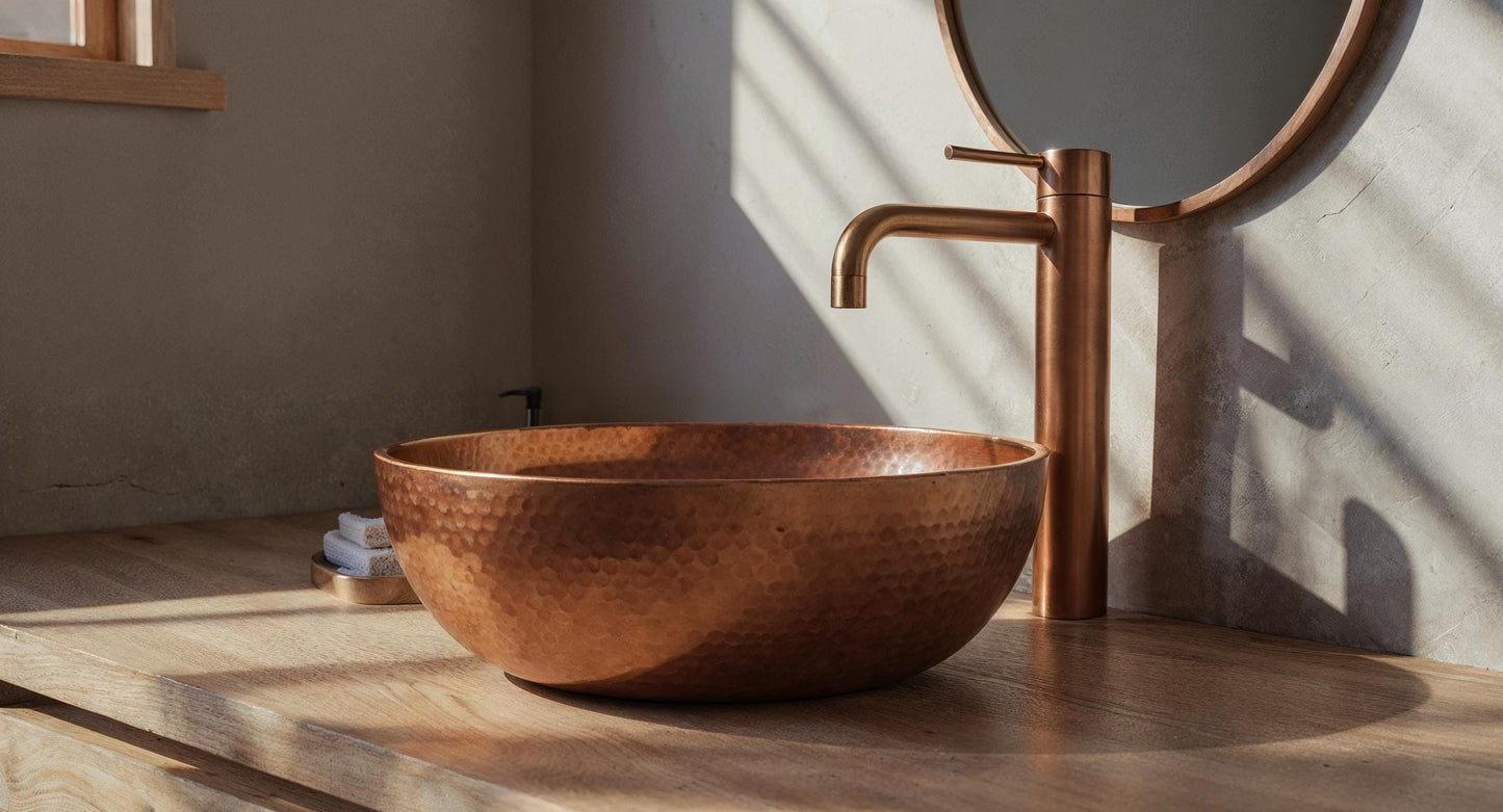 Handcrafted Copper Vessel Sink: Rustic Patina Hammered Basin