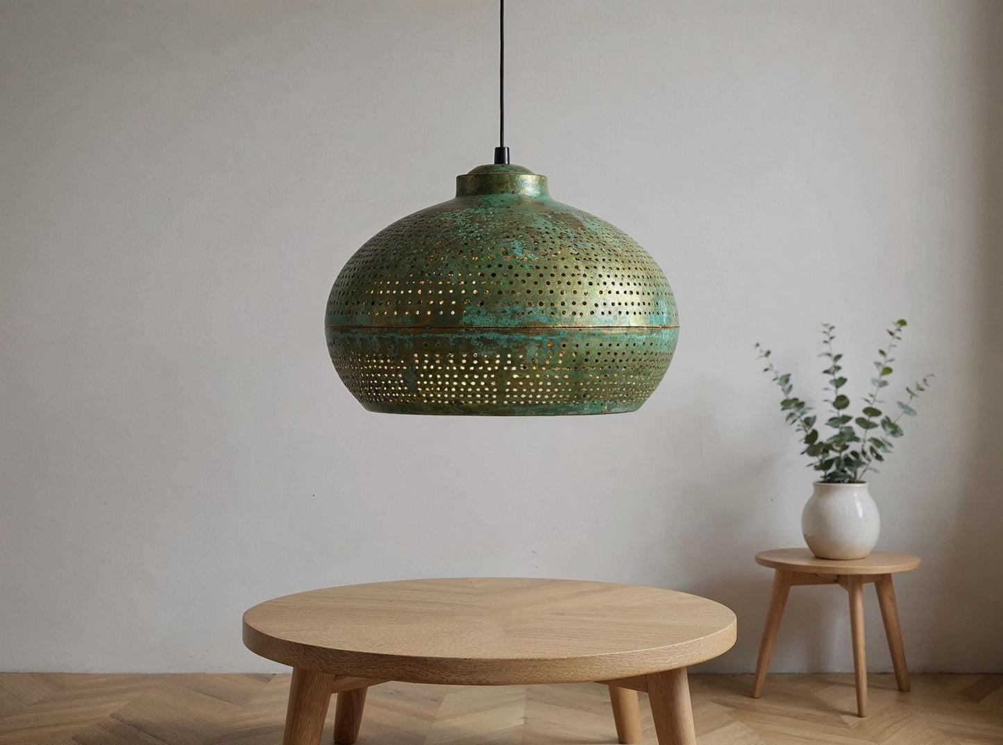 Handmade Green Patina brass Pendant Light: Modern Rustic Drum Lamp