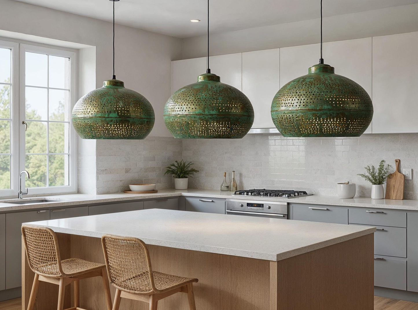 Handmade Green Patina brass Pendant Light: Modern Rustic Drum Lamp