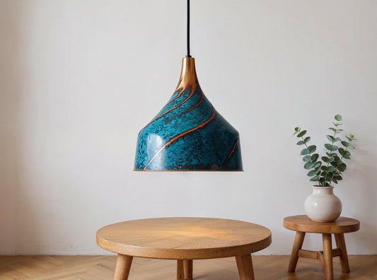 Handmade Blue Patina Brass Pendant Light - Moroccan Boho Lighting