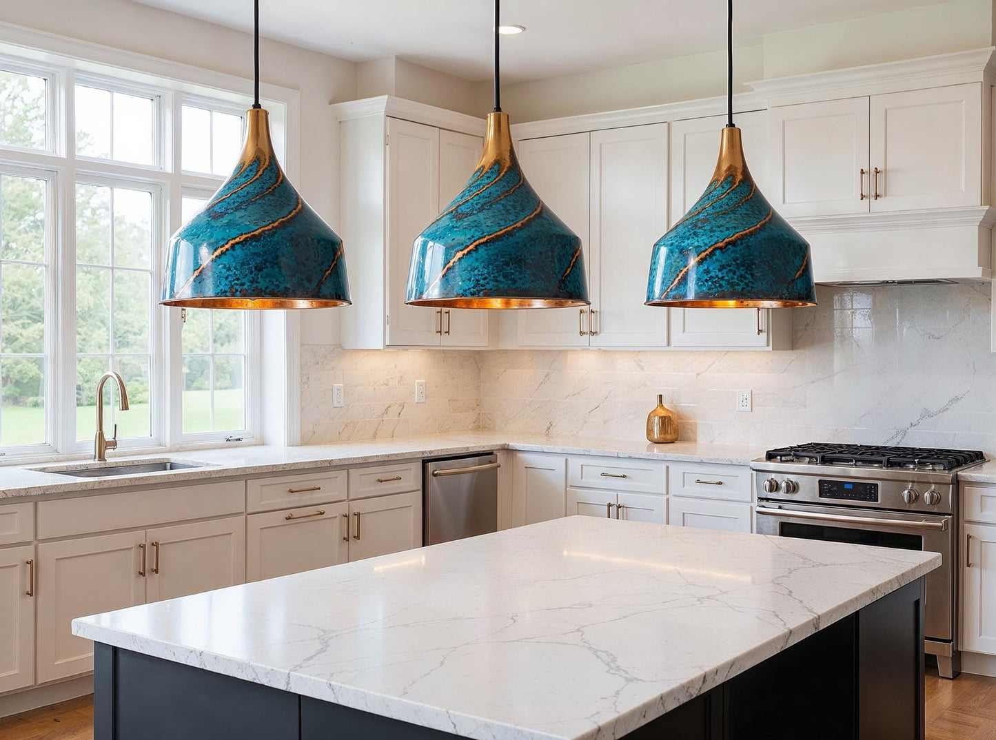 Handmade Blue Patina Brass Pendant Light - Moroccan Boho Lighting