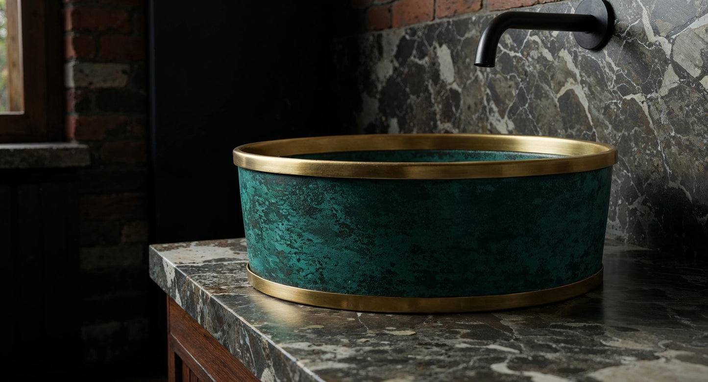 Handmade Moroccan Copper Vessel Sink: Green Patina Brass Bathroom Basin