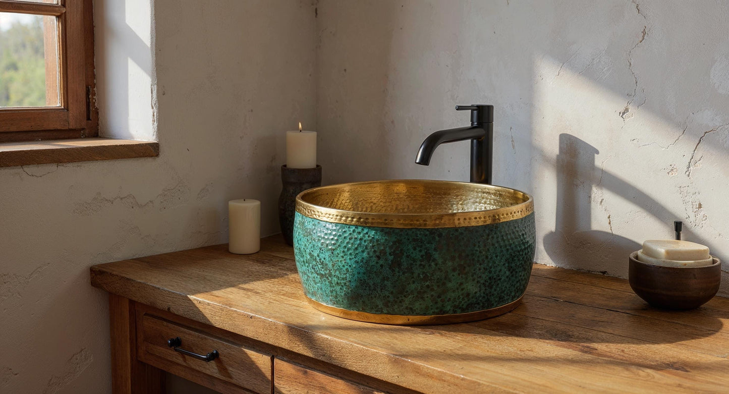 Hand Hammered Copper Vessel Sink: Rustic Green Patina, Moroccan Basin