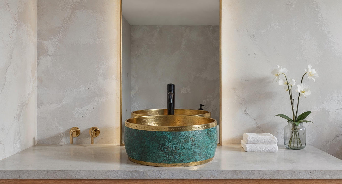 Hand Hammered Copper Vessel Sink: Rustic Green Patina, Moroccan Basin