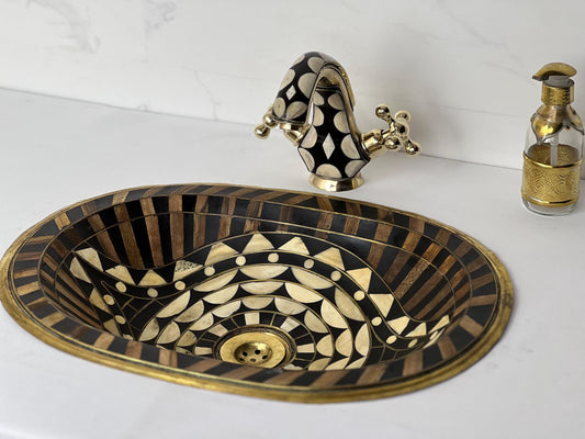 Handmade Resin Bathroom Sink with Brass Faucet: Moroccan Inlay Oval Vanity