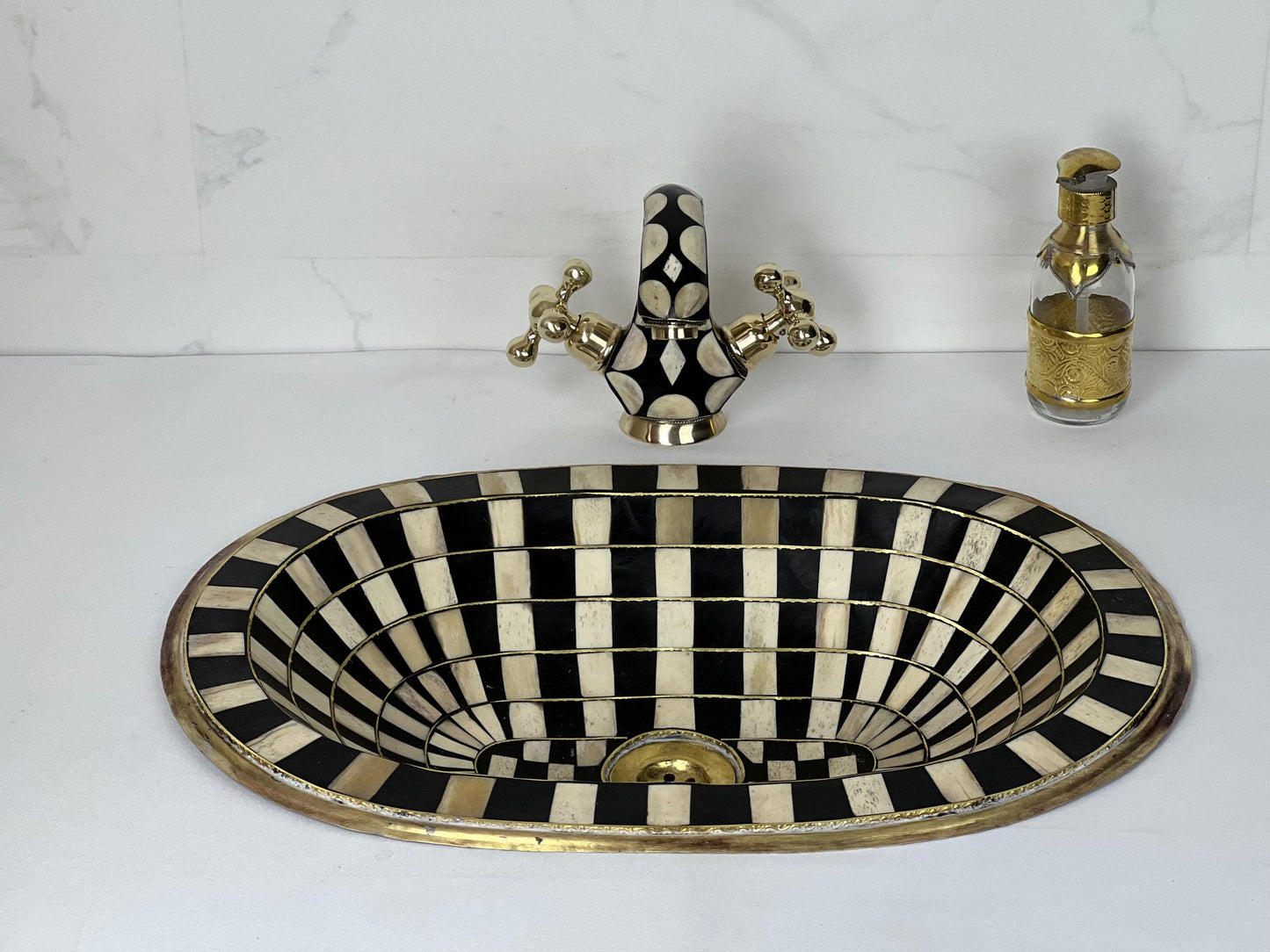 Handmade Black Resin Bathroom Sink: Moroccan Inlay Brass Faucet Set