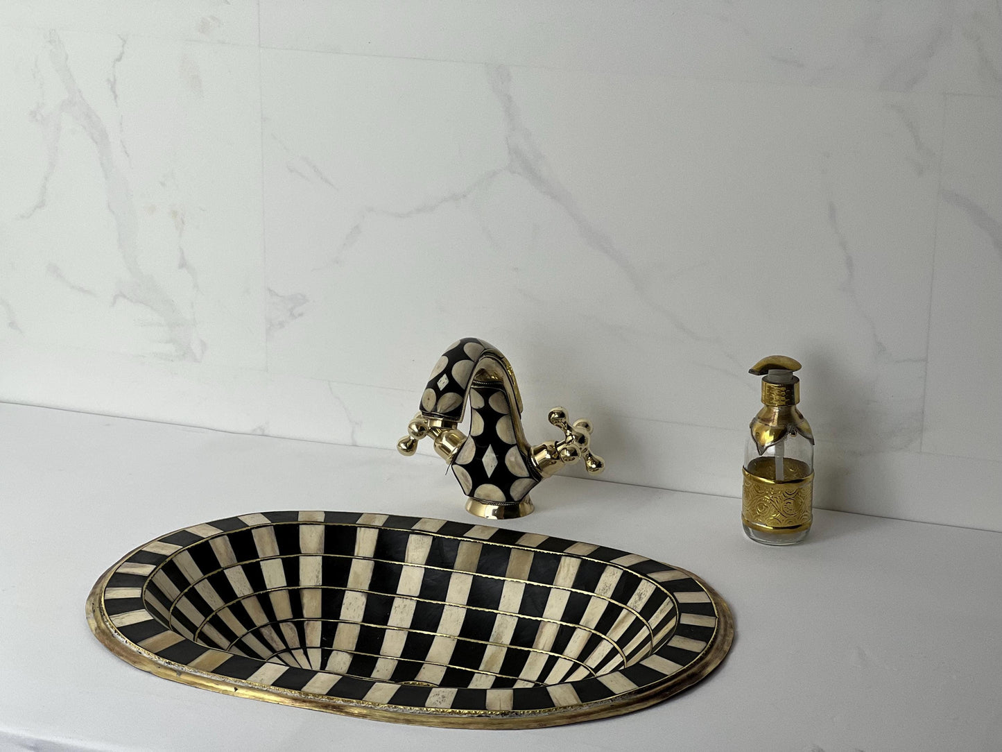 Handmade Black Resin Bathroom Sink: Moroccan Inlay Brass Faucet Set