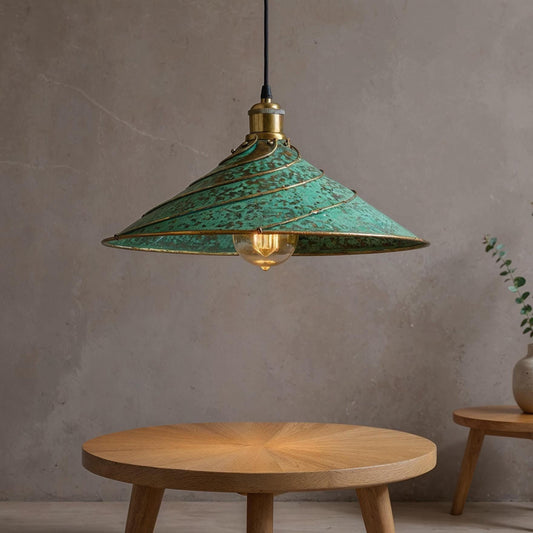Handmade Moroccan Brass Pendant Light: Green Patina Dome