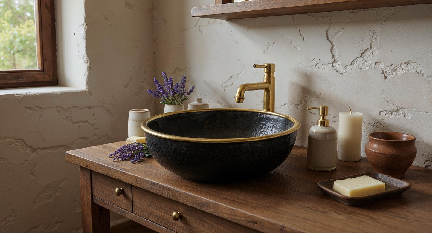 Handmade Moroccan Brass Sink: Black Patina Vessel Basin with Golden Rim