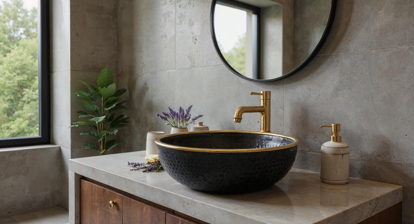 Handmade Moroccan Brass Sink: Black Patina Vessel Basin with Golden Rim