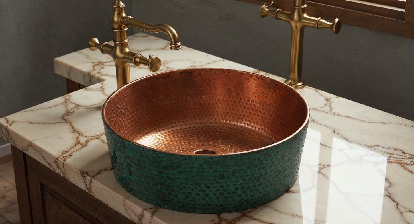 Handmade Copper Vessel Sink: Green Patina, Moroccan Farmhouse Basin