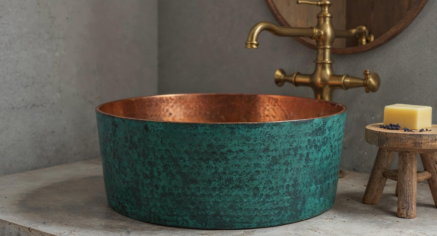 Handmade Copper Vessel Sink: Green Patina, Moroccan Farmhouse Basin