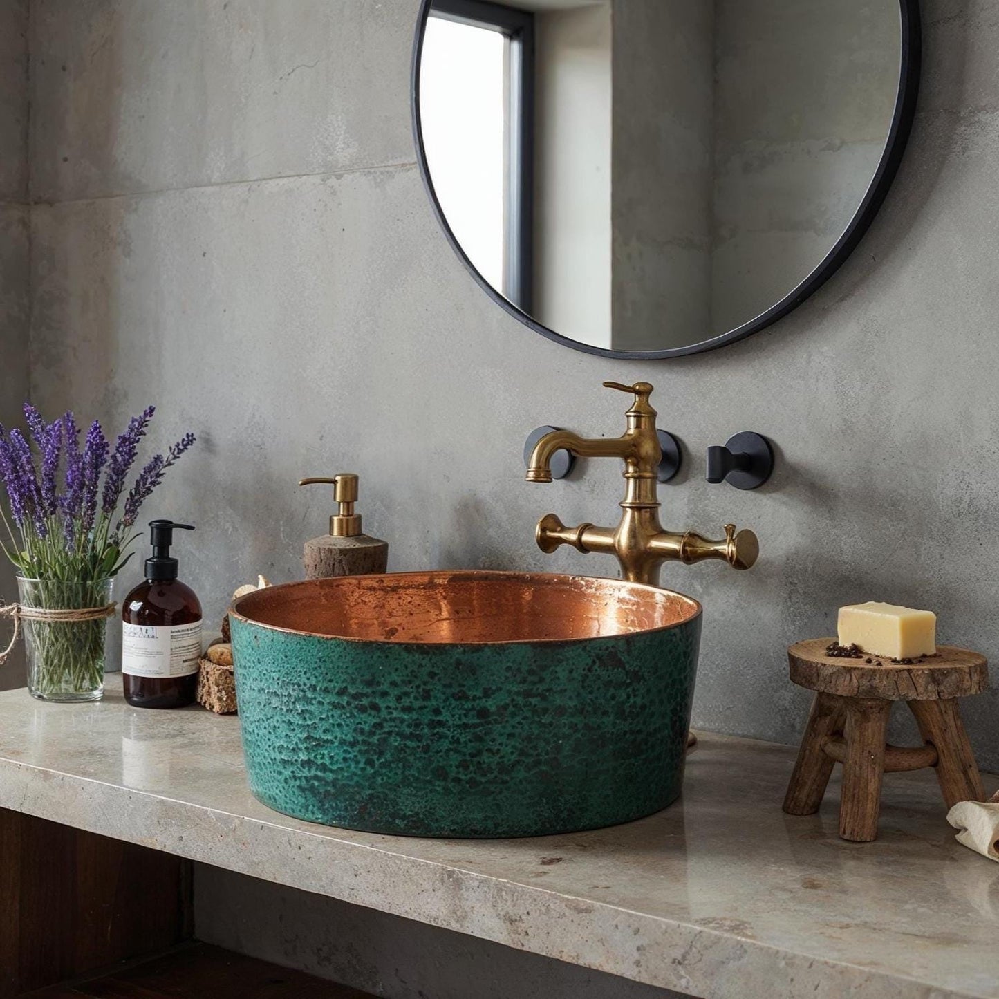 Handmade Copper Vessel Sink: Green Patina, Moroccan Farmhouse Basin