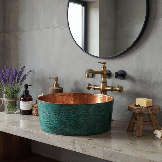 Handmade Copper Vessel Sink: Green Patina, Moroccan Farmhouse Basin