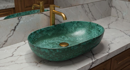 Handmade Copper Vessel Sink: Turquoise Patina, Rustic Farmhouse Bathroom