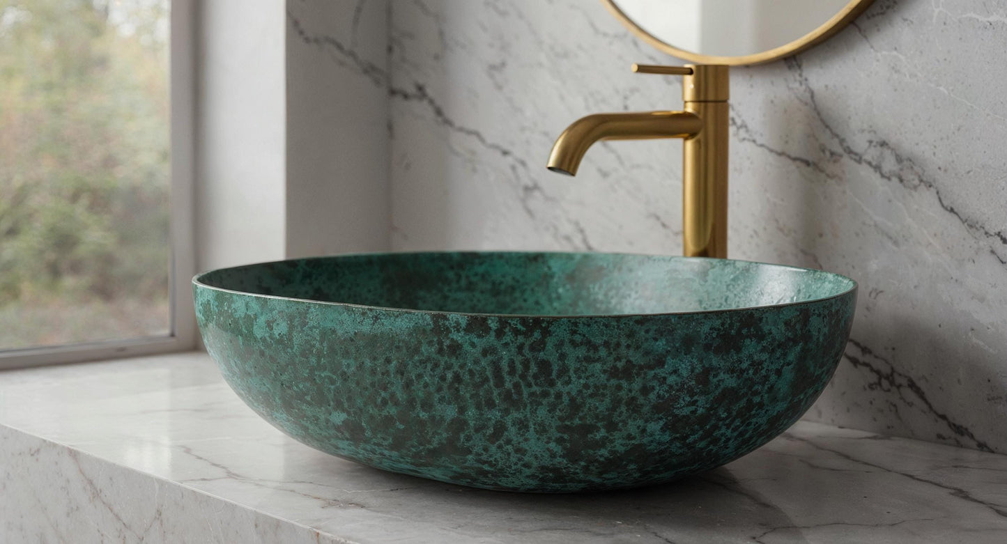 Handmade Copper Vessel Sink: Turquoise Patina, Rustic Farmhouse Bathroom