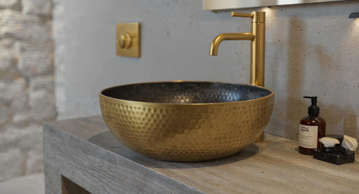 Handmade Hammered Brass Vessel Sink: Black Patina, Polished Rim