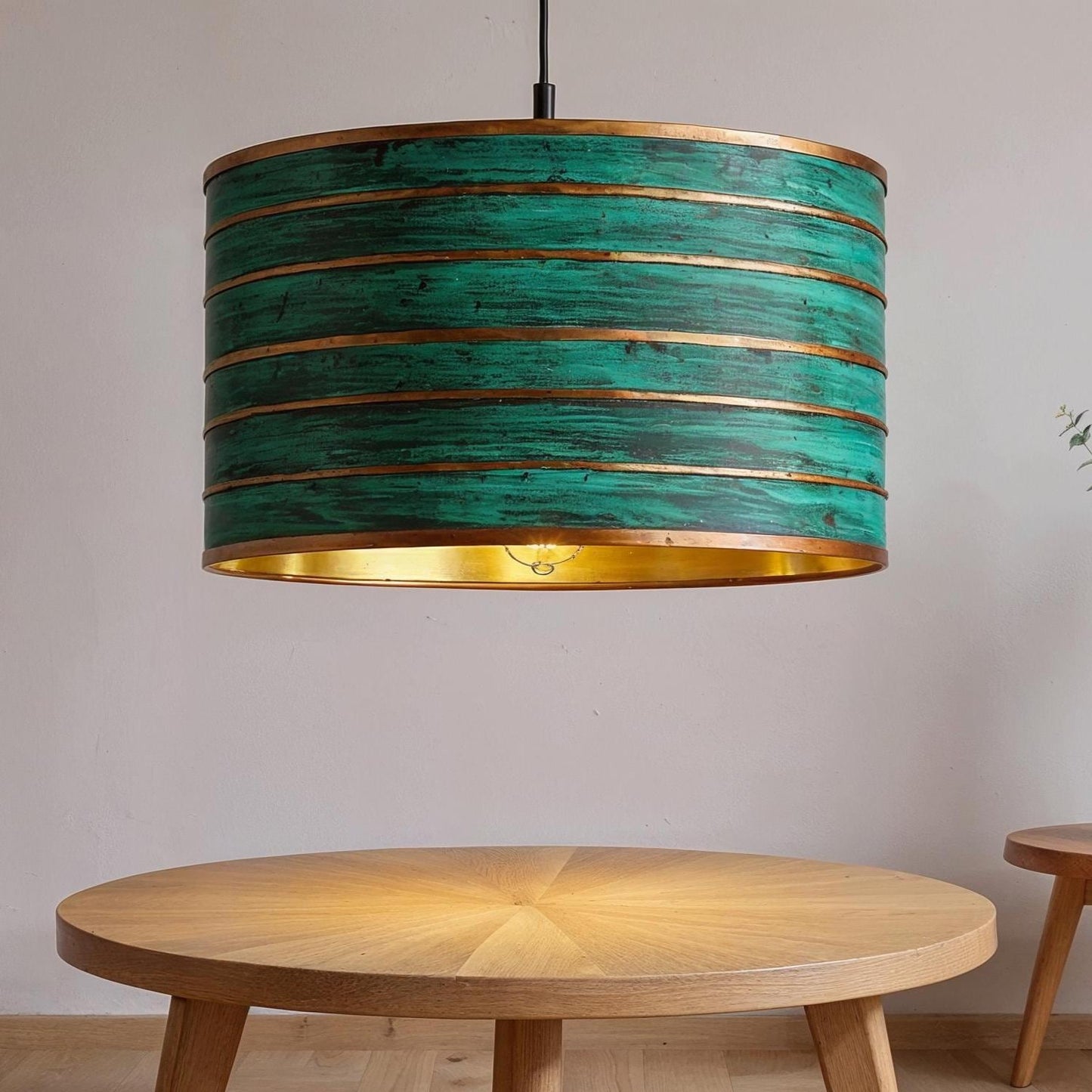 Handmade Green Patina Copper Pendant Light: Modern Rustic Drum Lamp