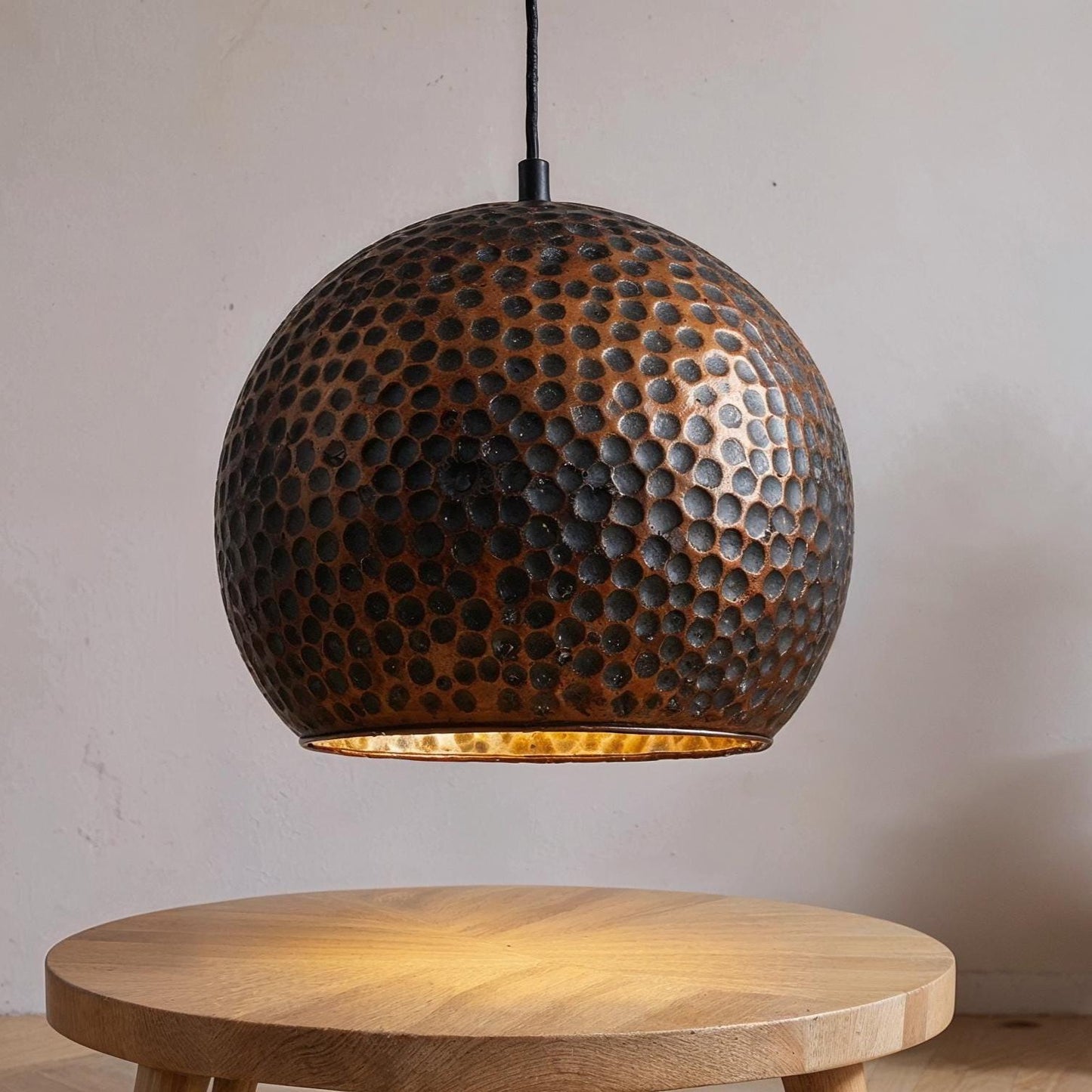 Handmade Hammered Copper Pendant Light: Black Dome, Moroccan Style