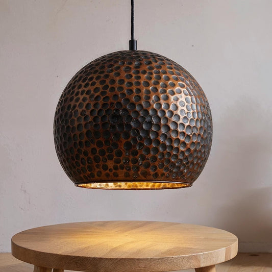 Handmade Hammered Copper Pendant Light: Black Dome, Moroccan Style