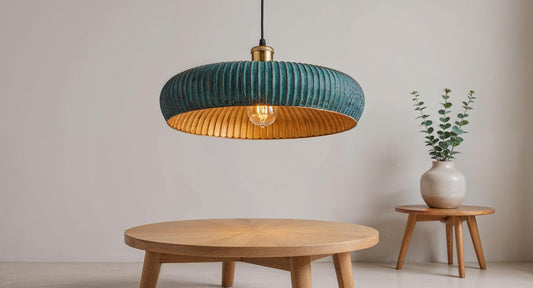 Handmade Green Patina Copper Pendant Light: Moroccan Martelé Dome
