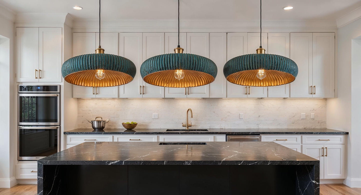 Handmade Green Patina Copper Pendant Light: Moroccan Martelé Dome