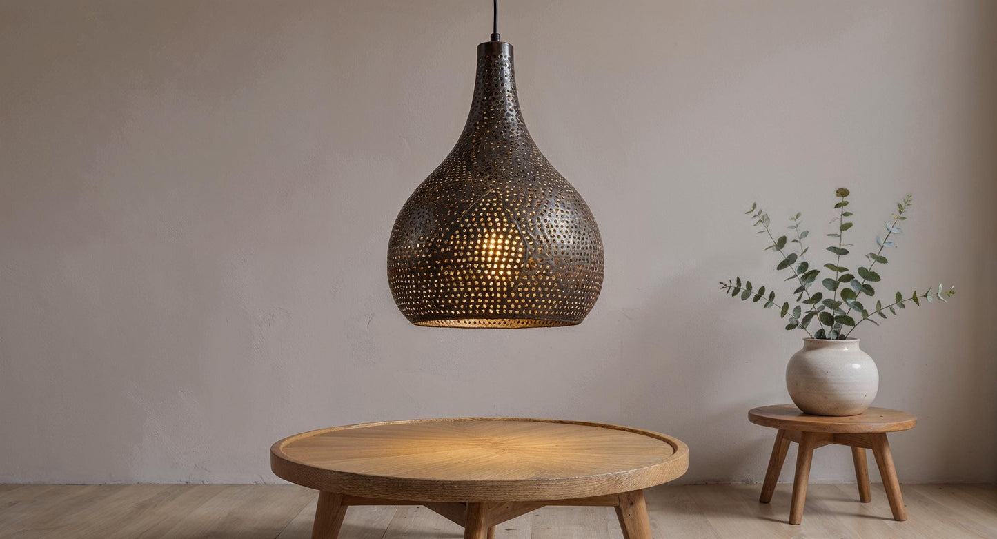 Handmade Black Brass Moroccan Pendant Light: Pierced Dome, Boho Lighting