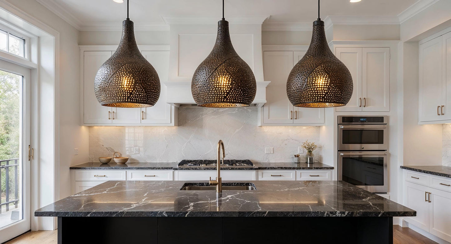 Handmade Black Brass Moroccan Pendant Light: Pierced Dome, Boho Lighting