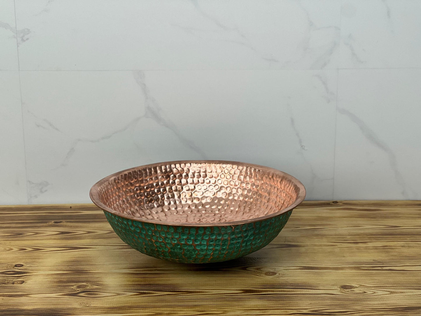 Handmade Hammered Copper Vessel Sink: Green Patina Moroccan Decor