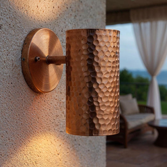 Handmade Hammered Copper Wall Sconce: Rustic Modern Cylinder Light