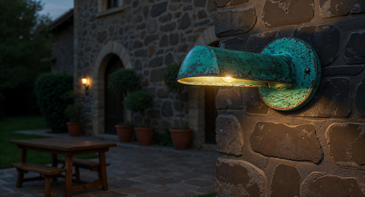 Handmade Brass Wall Sconce: Rustic Farmhouse Patina Outdoor Light