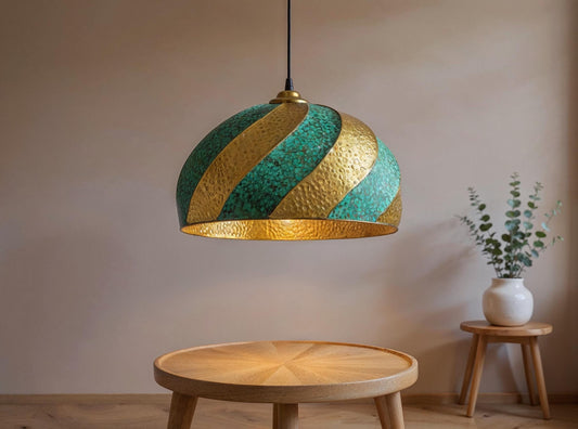 Handmade Moroccan Brass Pendant Light: Green Patina Dome Lamp