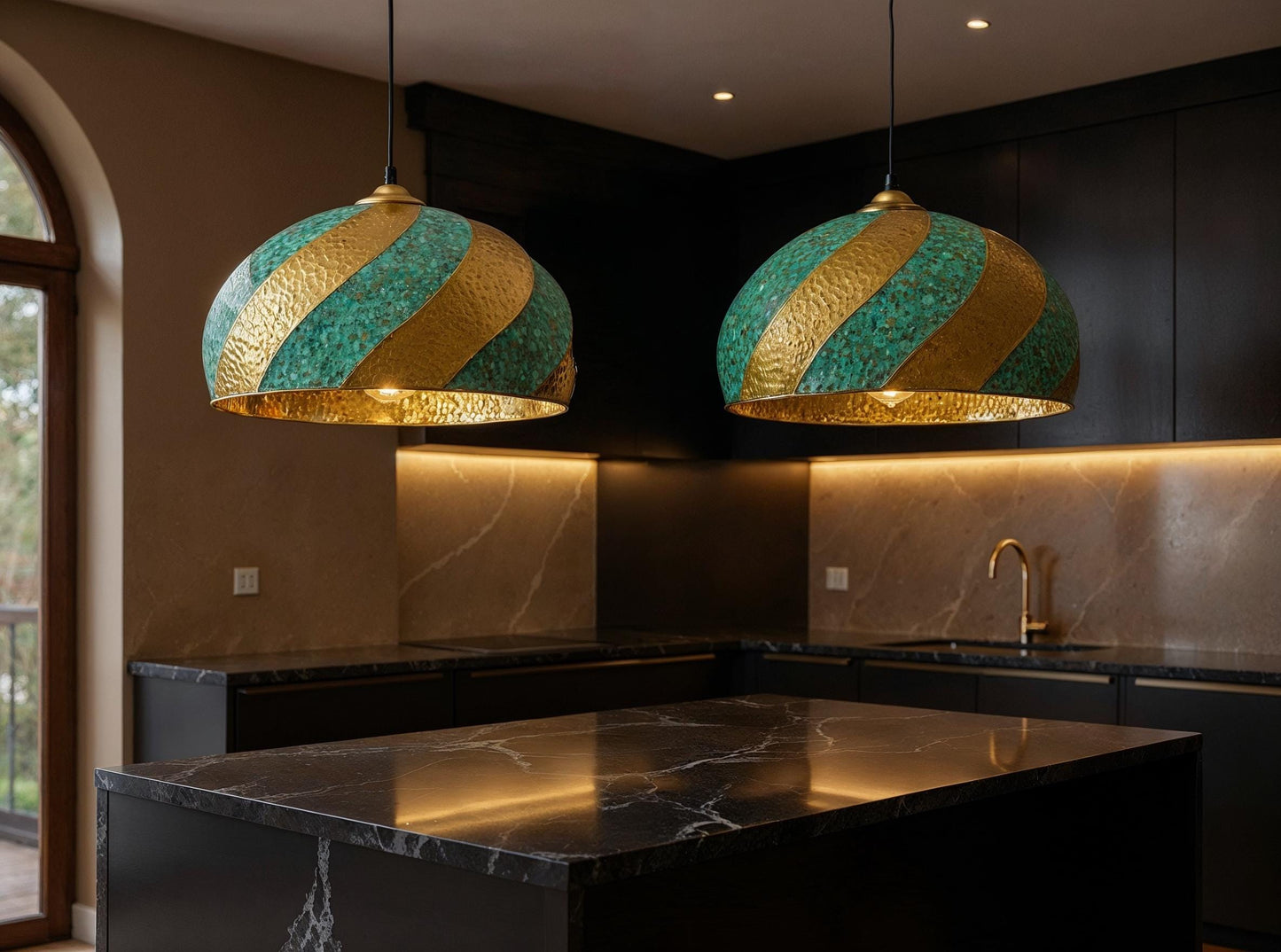 Handmade Moroccan Brass Pendant Light: Green Patina Dome Lamp