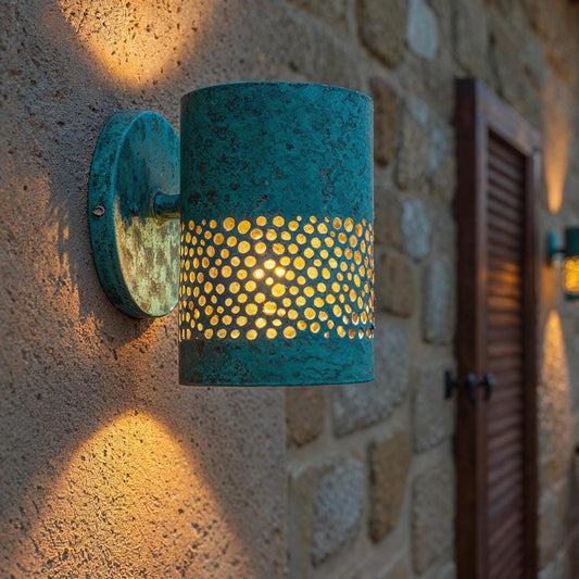 Handmade Brass Patina Wall Sconce: Moroccan Outdoor Cylinder Lamp