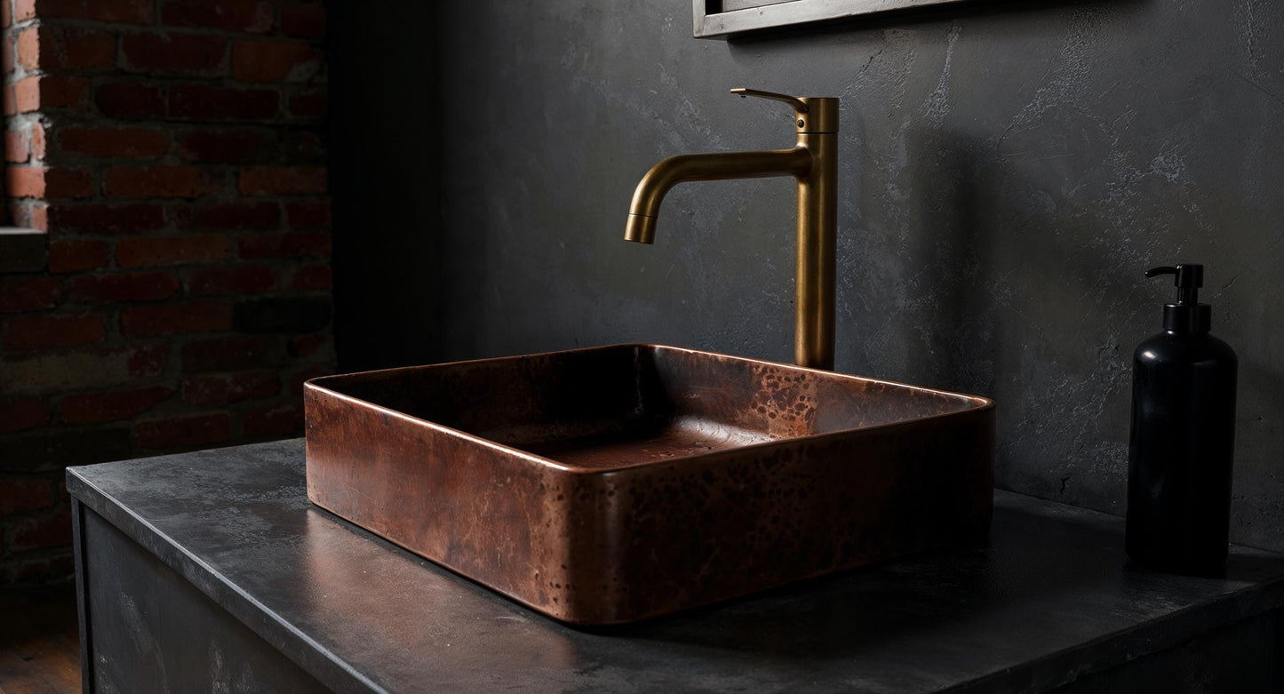 Handmade Hammered Copper Vessel Sink – Square Bathroom Basin, Farmhouse Vanity Bowl with Brass Drain