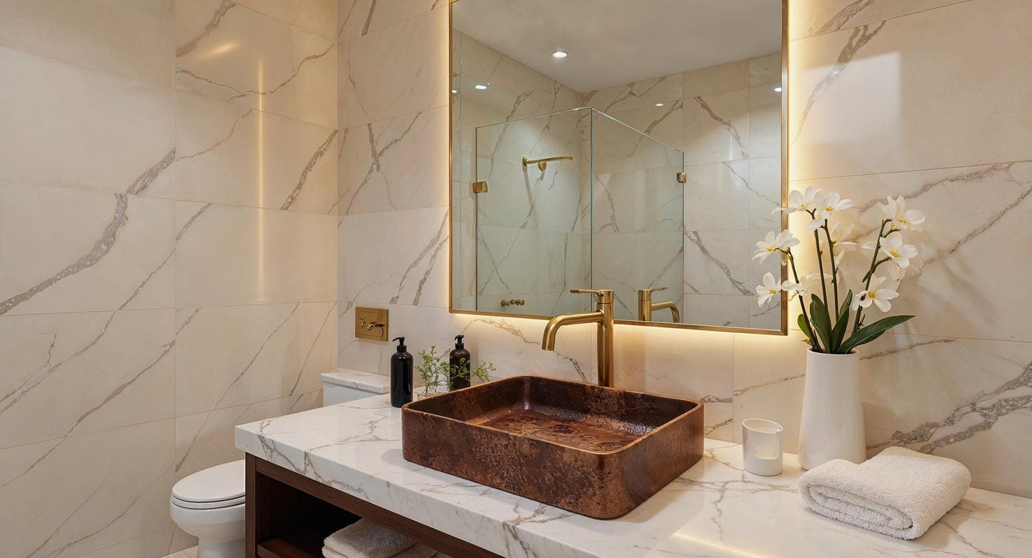 Handmade Hammered Copper Vessel Sink – Square Bathroom Basin, Farmhouse Vanity Bowl with Brass Drain