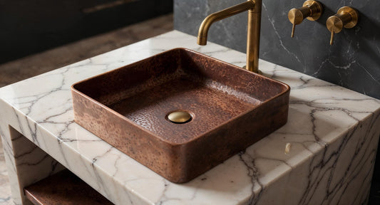 Handmade Hammered Copper Vessel Sink – Square Bathroom Basin, Farmhouse Vanity Bowl with Brass Drain