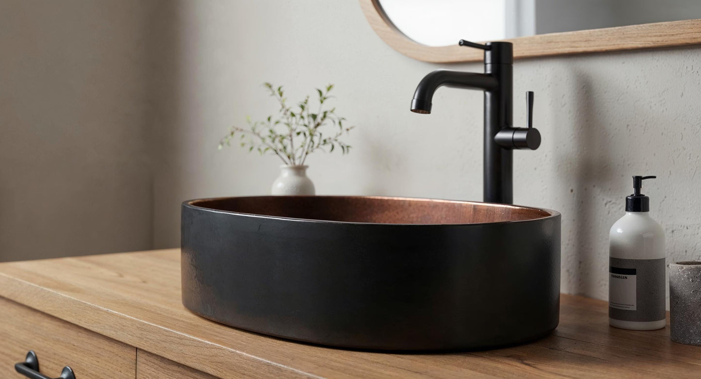 Modern Black & Copper Oval Vessel Sink – Handmade Bathroom Vanity Basin, Contemporary Farmhouse Wash Bowl