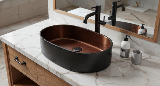 Modern Black & Copper Oval Vessel Sink – Handmade Bathroom Vanity Basin, Contemporary Farmhouse Wash Bowl