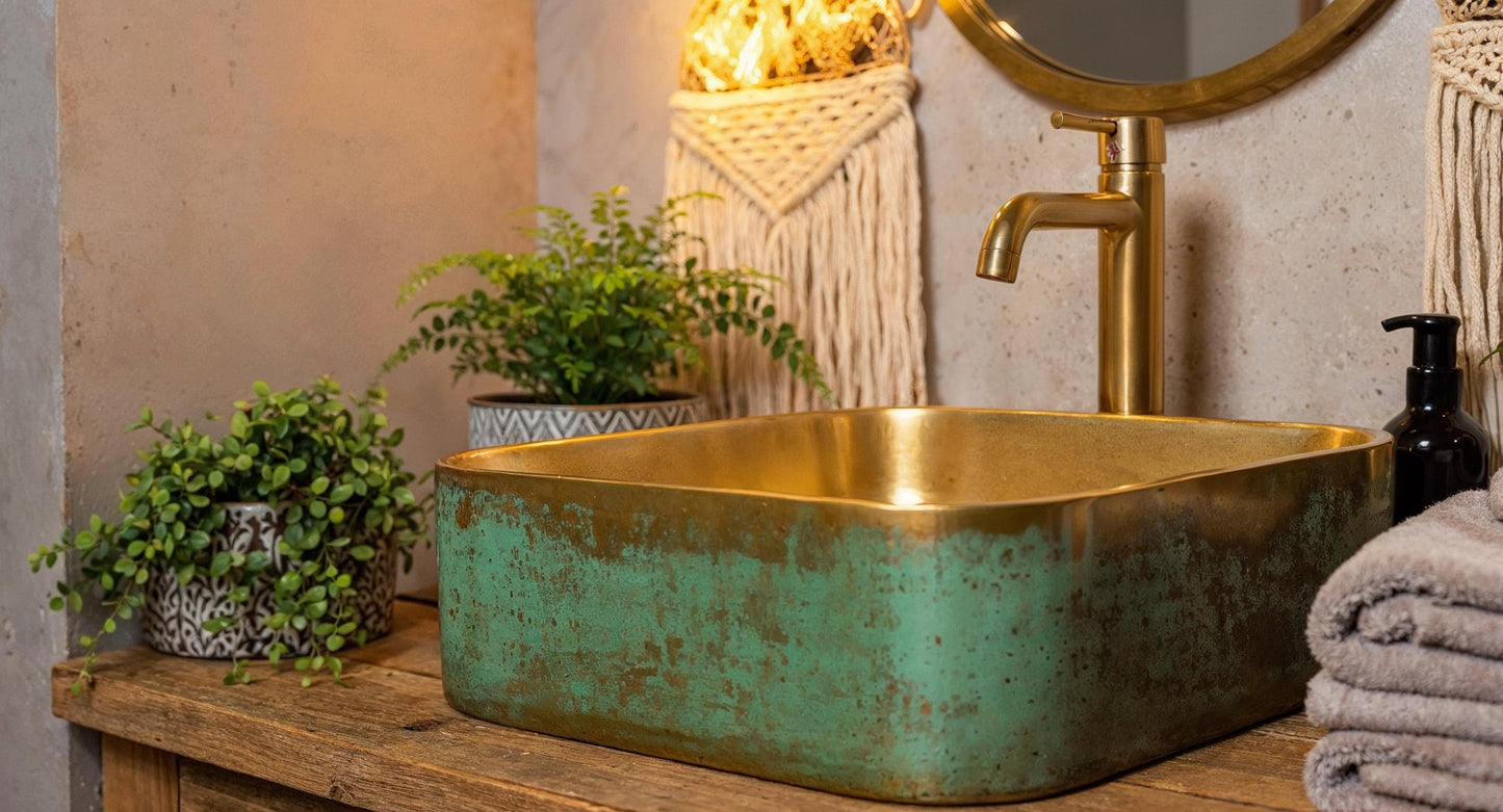 Handmade Green Patina & Gold Vessel Sink – Moroccan Brass Bathroom Basin, Luxury Farmhouse Vanity Bowl