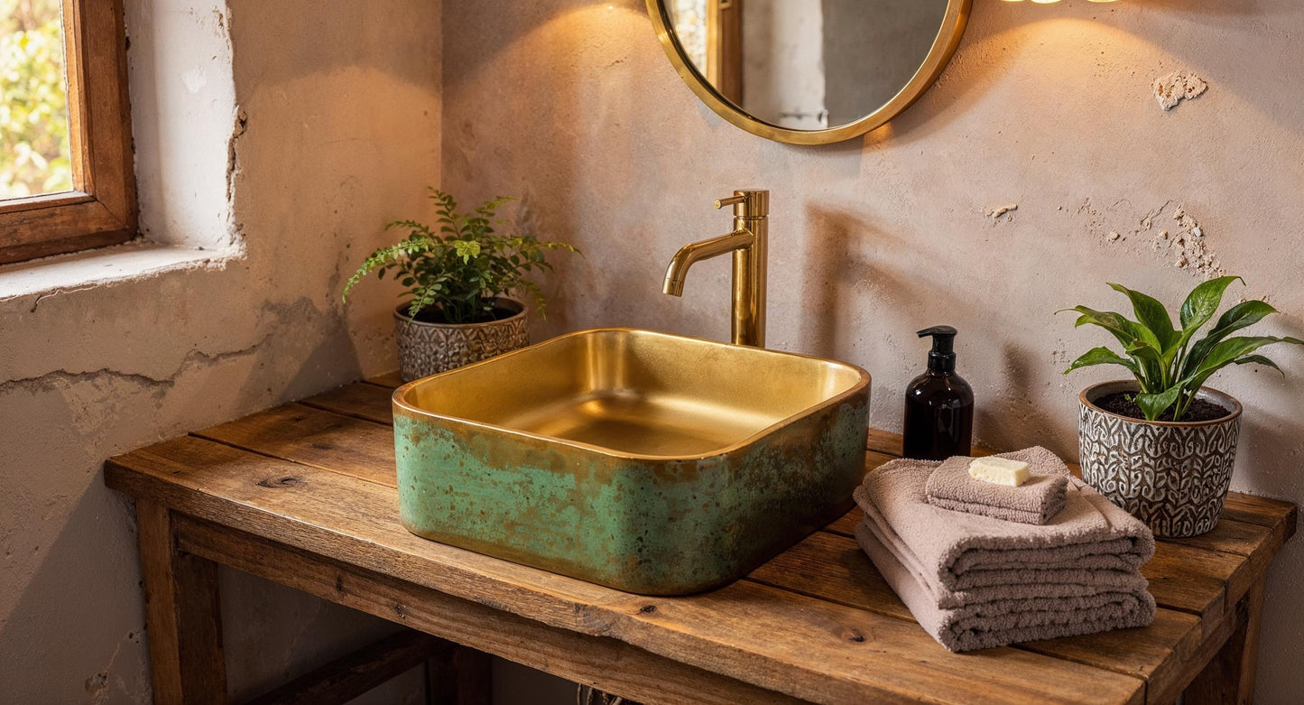 Handmade Green Patina & Gold Vessel Sink – Moroccan Brass Bathroom Basin, Luxury Farmhouse Vanity Bowl