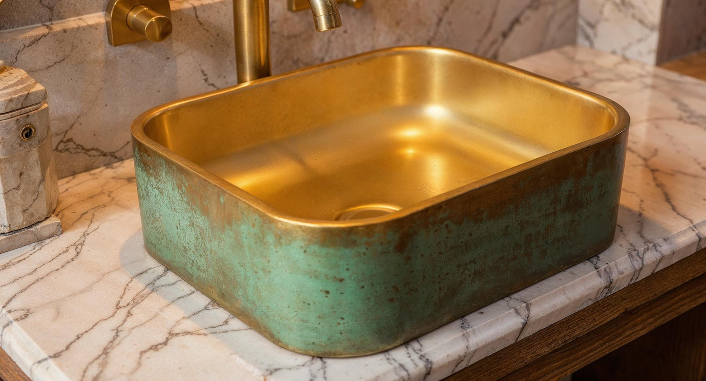 Handmade Green Patina & Gold Vessel Sink – Moroccan Brass Bathroom Basin, Luxury Farmhouse Vanity Bowl