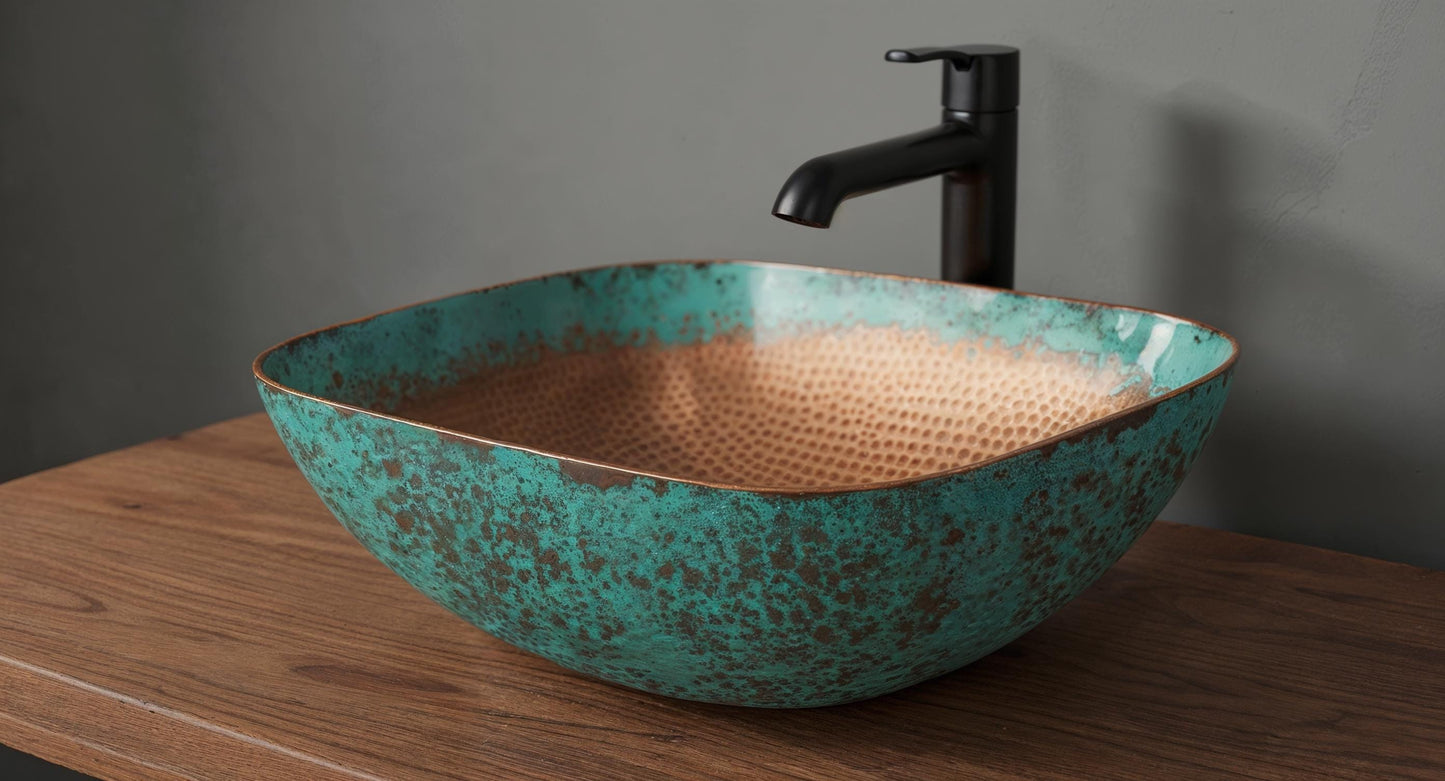 Handmade Green Patina Copper Vessel Sink – Moroccan Bathroom Basin, Rustic Farmhouse Vanity Bowl