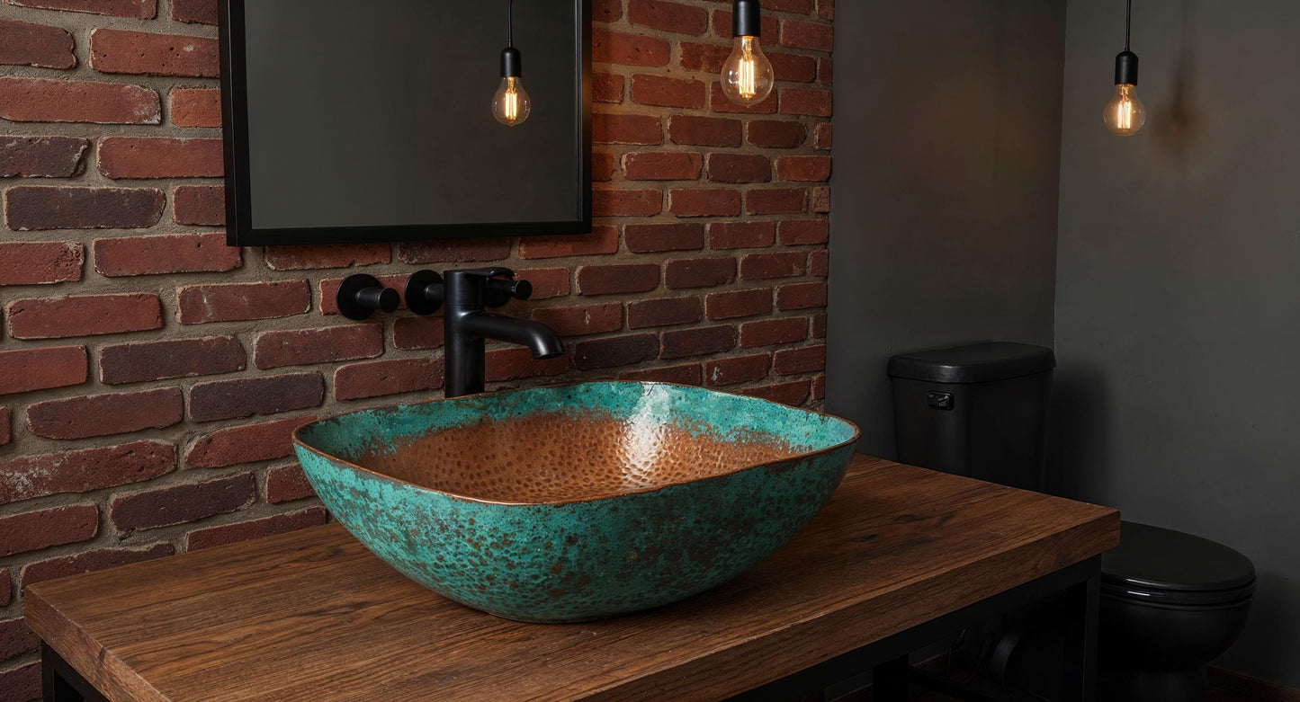 Handmade Green Patina Copper Vessel Sink – Moroccan Bathroom Basin, Rustic Farmhouse Vanity Bowl