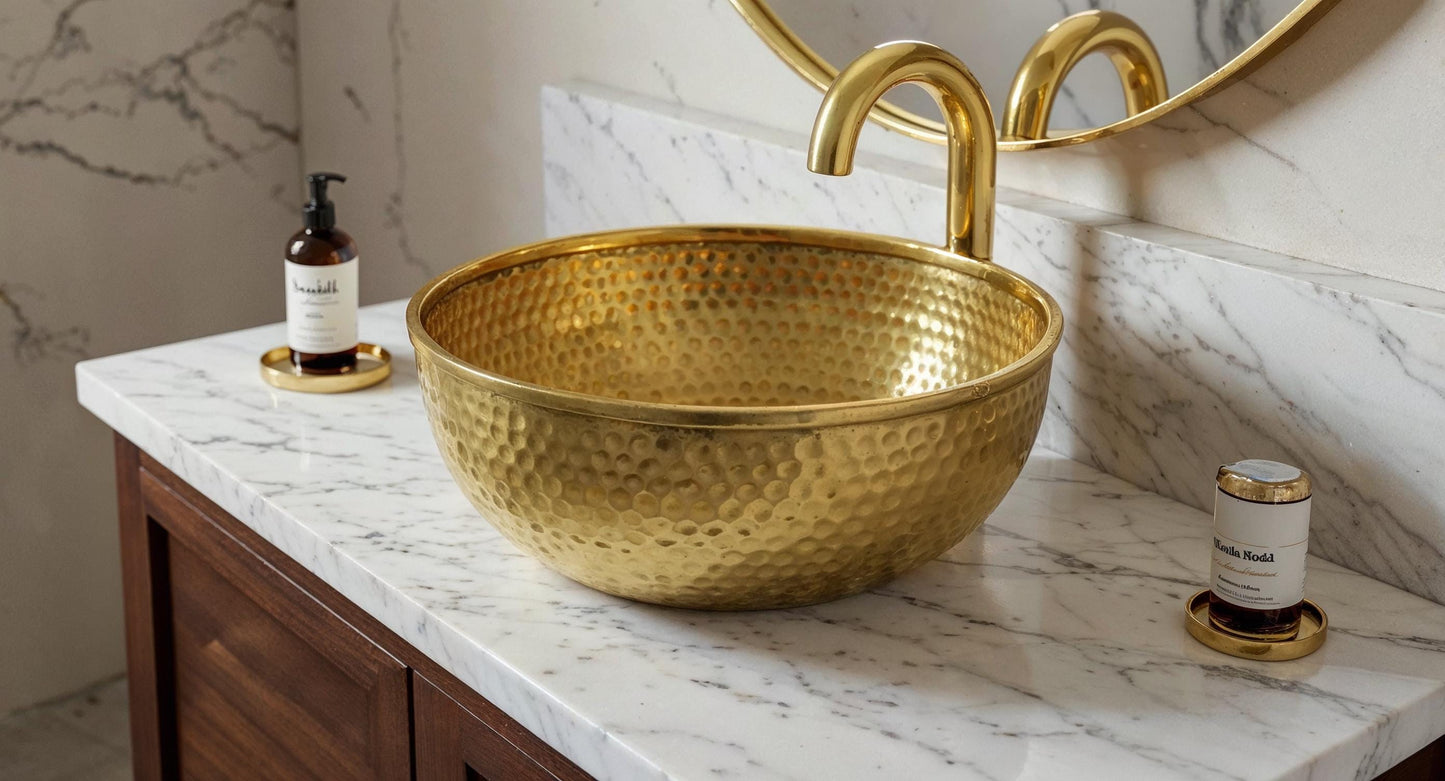 Handcrafted Hammered Brass Vessel Sink – Moroccan Round Bathroom Basin, Luxury Vanity Bowl