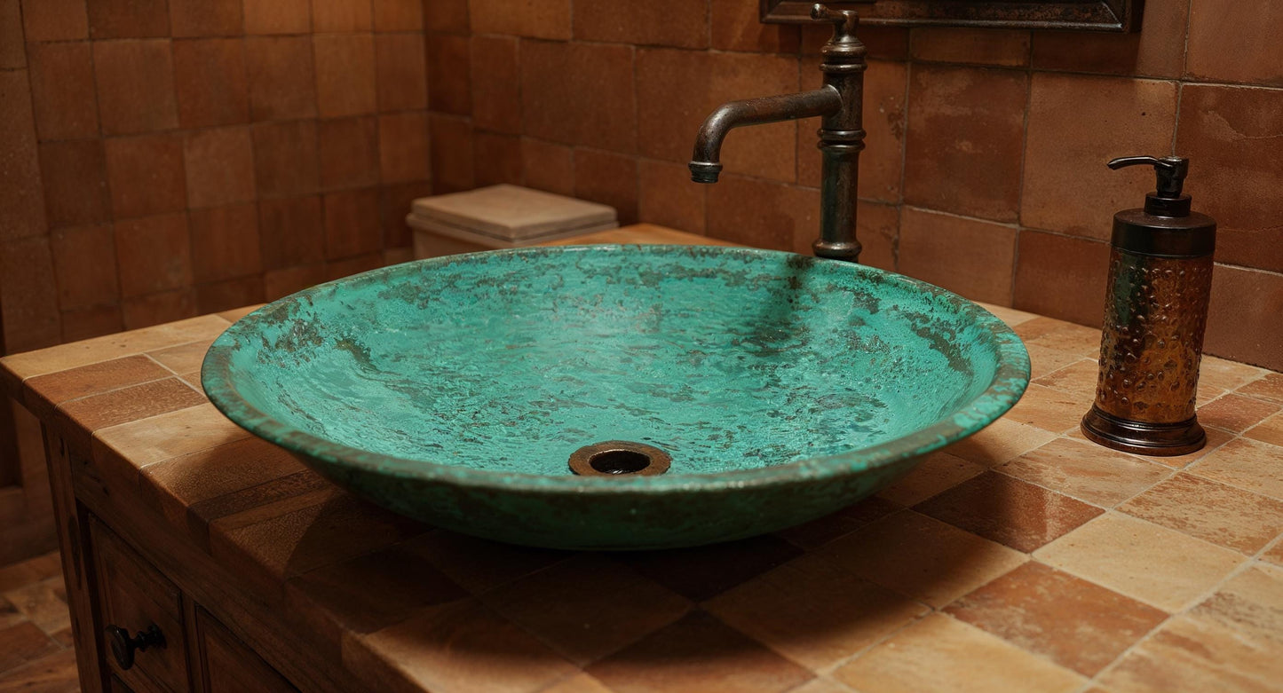 Handmade Green Patina Brass Vessel Sink – Rustic Moroccan Bathroom Basin, Round Vanity Bowl