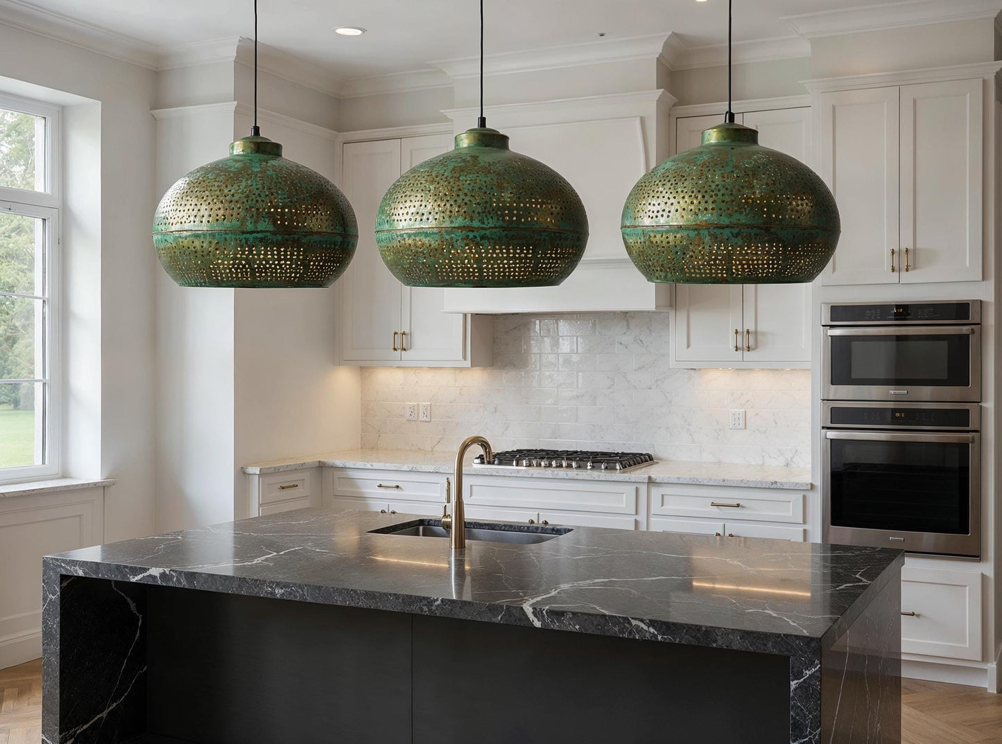 Handmade Green Patina brass Pendant Light: Modern Rustic Drum Lamp